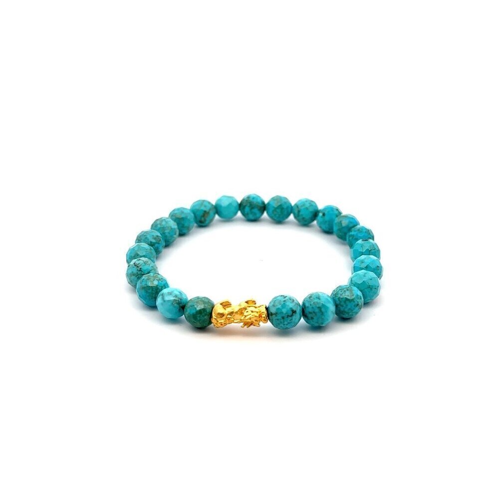 24K Gold Piyao Pixiu Lucky Charm Bracelet Gemstones Dyed Howlite 8mm S6.75"